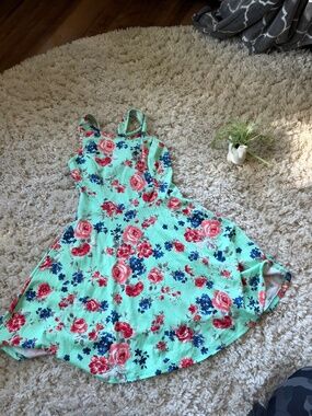 Chesley floral mini a line wide frilly cute women’s dress in green with red and
